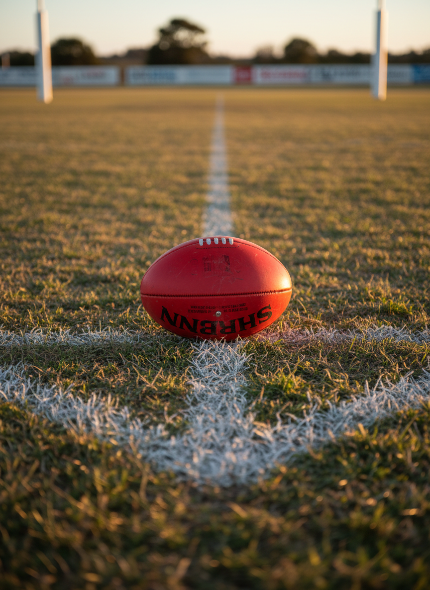 A football resting on a suburban Australian oval in late afternoon light
