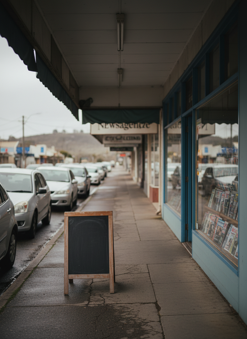 A small Australian main street of independent shops on an overcast day