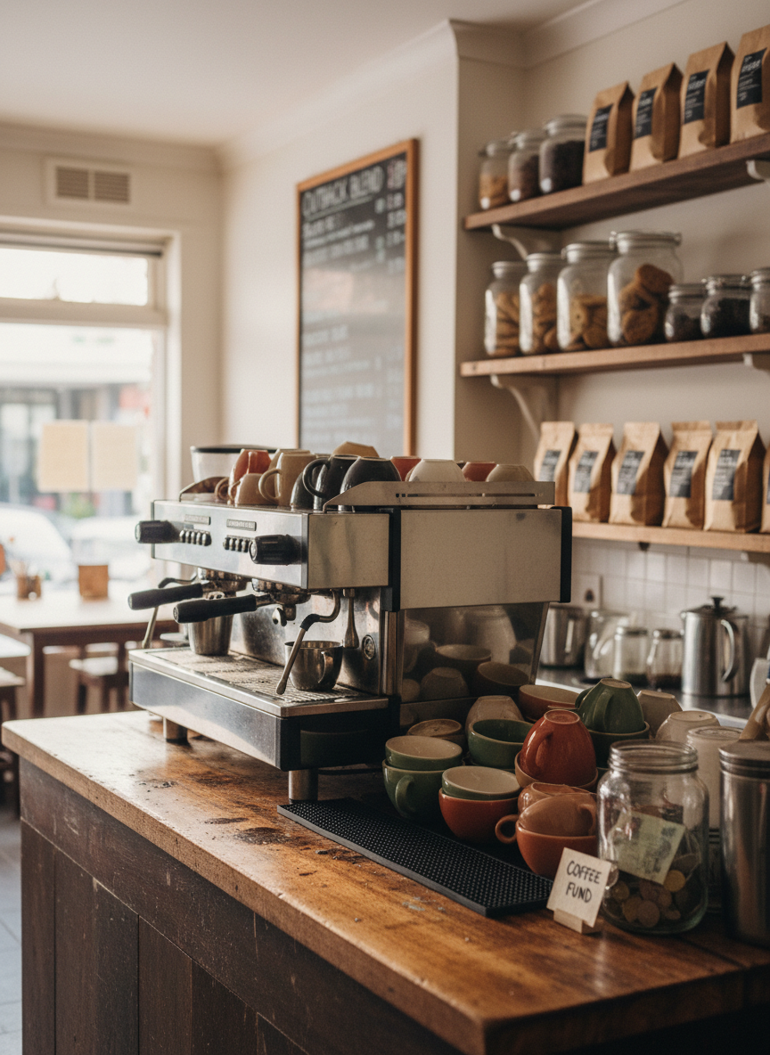 An espresso machine and mismatched cups on the counter of a small Australian cafe