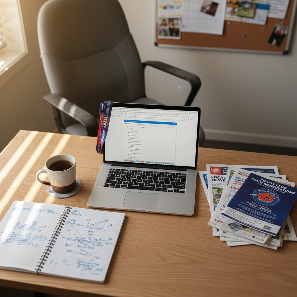 An Australian home office desk with a laptop, notebook, tea mug and council pamphlets in afternoon light